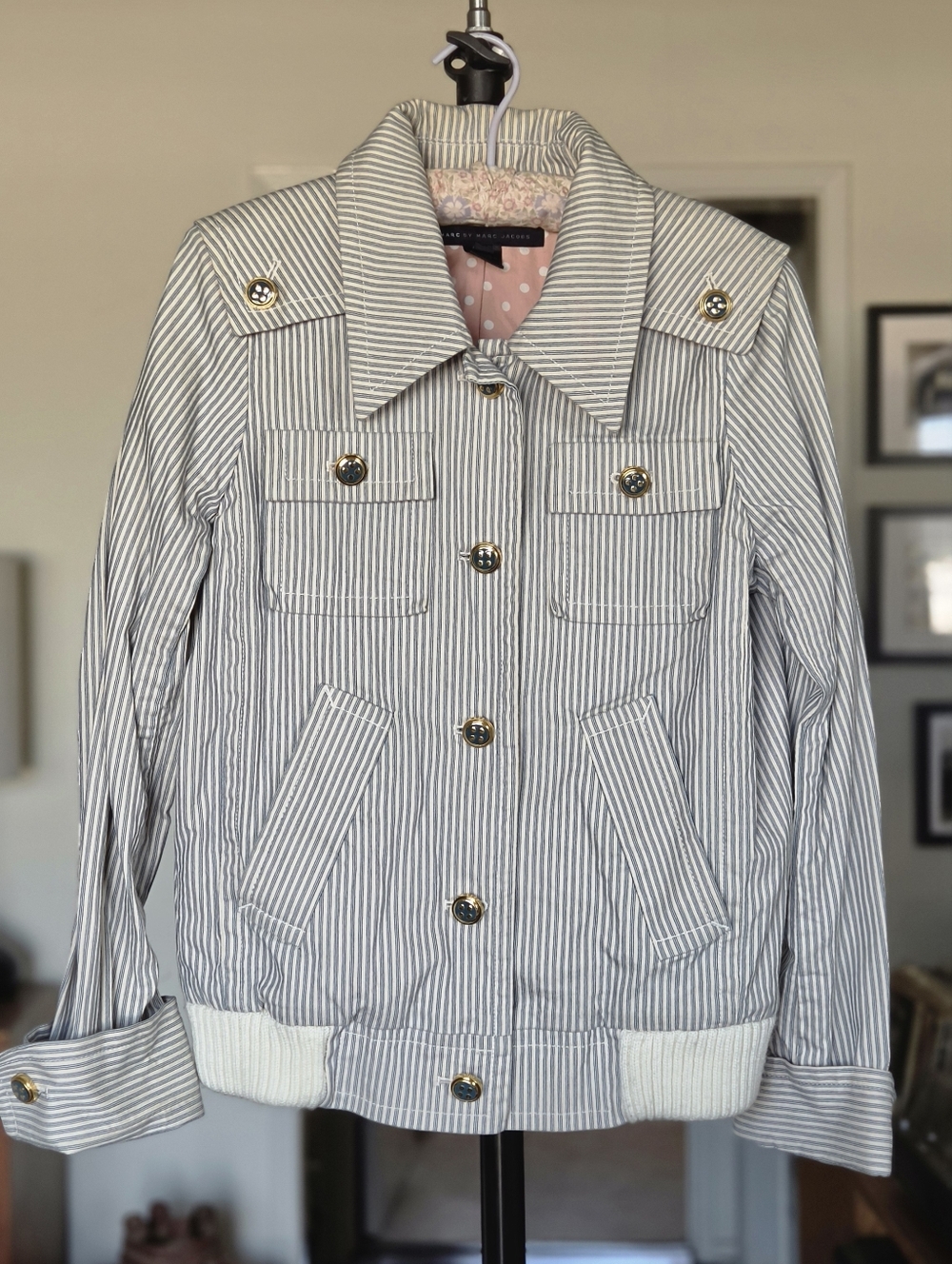 Marc by Marc Jacobs Pinstriped Trucker Bomber Jacket in Blue and White